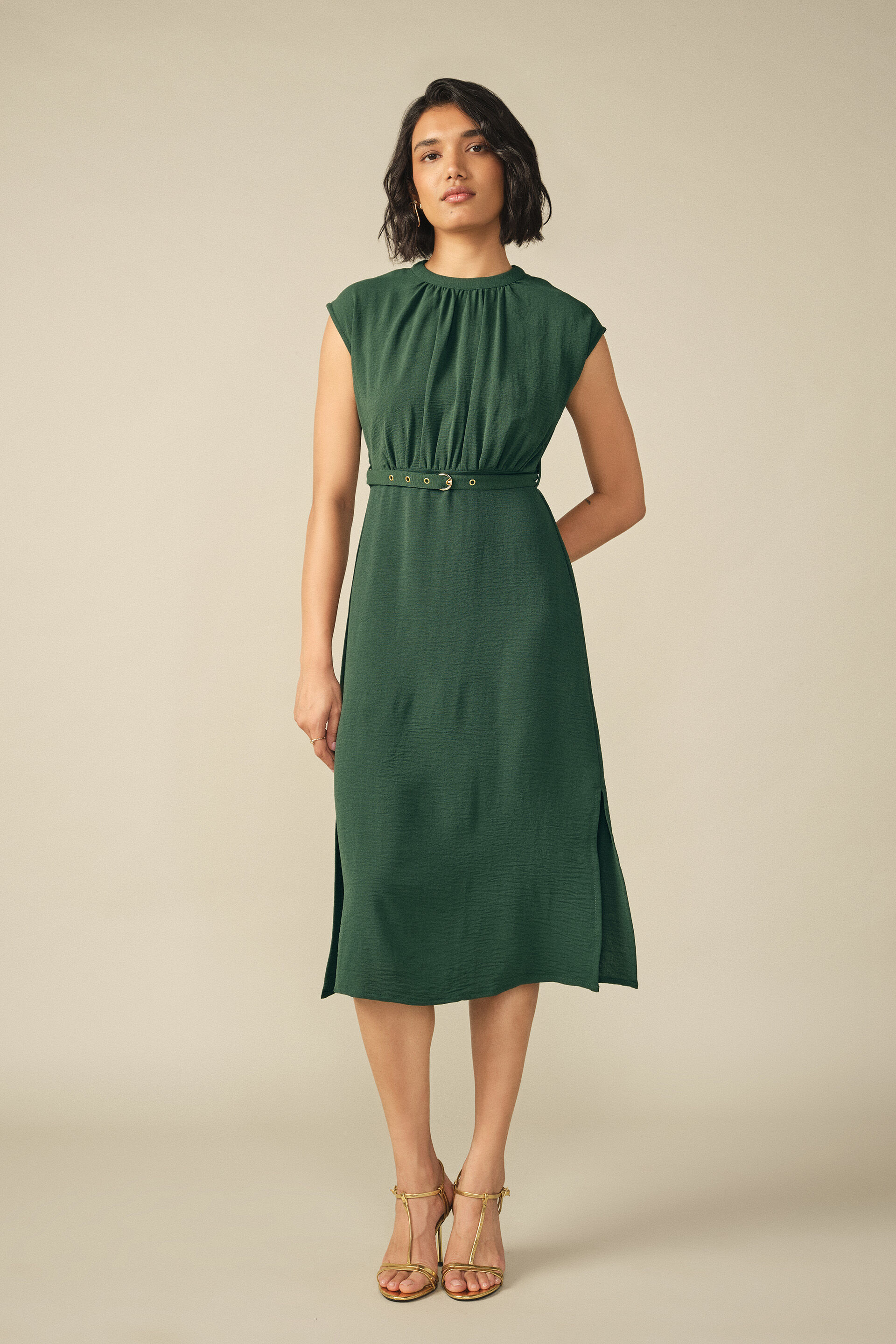 Gathered Tie-up Midi Dress in Green, Green, image 2